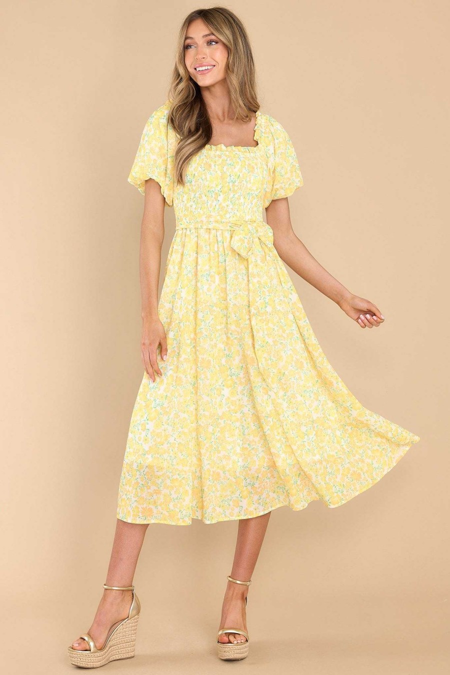 Clothing Aura Midi Dresses | Grow Freely Floral Print Midi Dress Yellow
