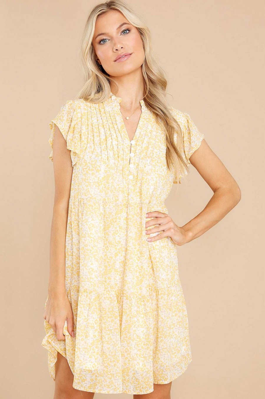 Clothing Red Dress Mini Dresses | Catch The Rain Floral Print Dress Yellow