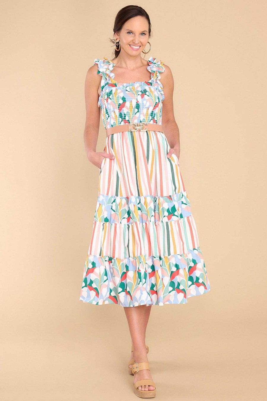 Clothing Aura Midi Dresses | Such A Dreamer Multi Stripe Midi Dress Desert Sage
