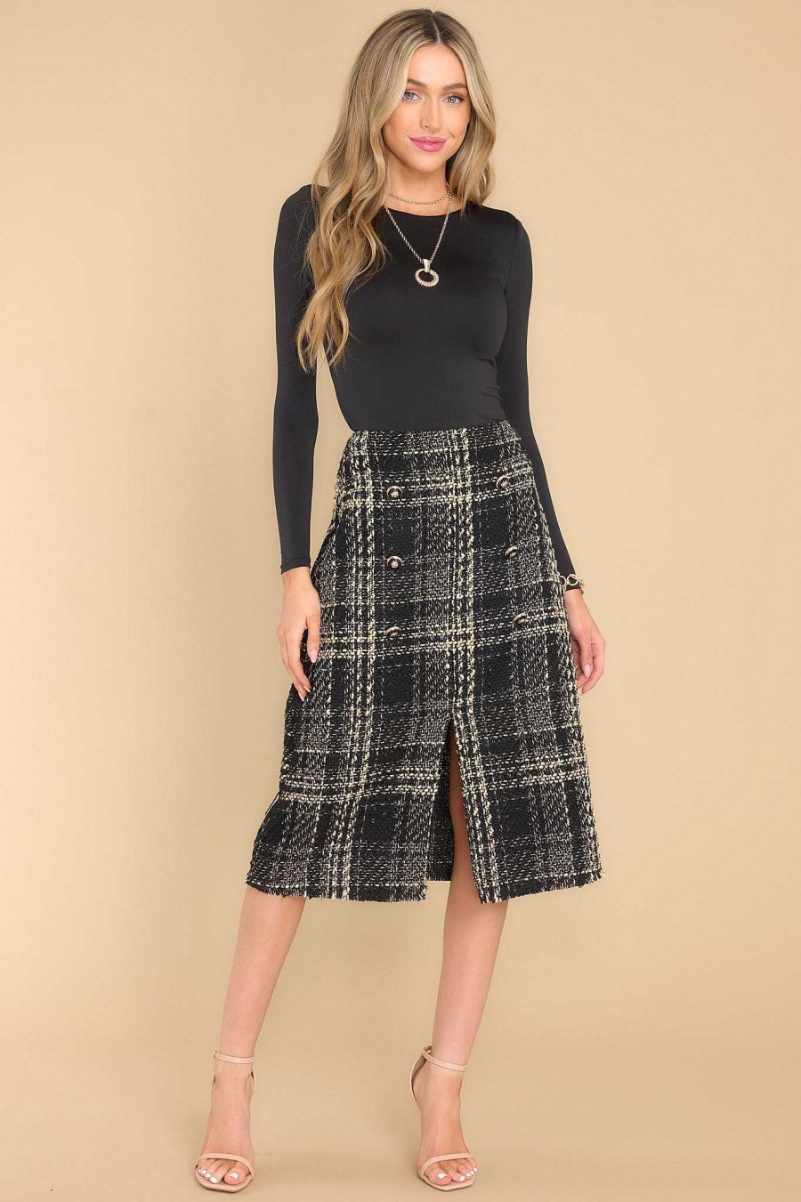 Clothing Red Dress Skirts | Cold Shoulder Tweed Midi Skirt Black