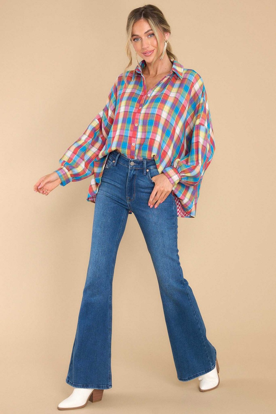 Clothing Aura Casual Tops | Doesn'T Add Up Multi Plaid Top Blue