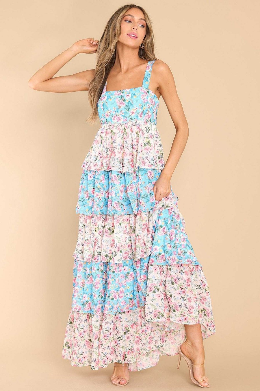 Clothing Red Dress Maxi Dresses | On The Edge Of Spring Blue Floral Print Maxi Dress Blue Ivory Floral