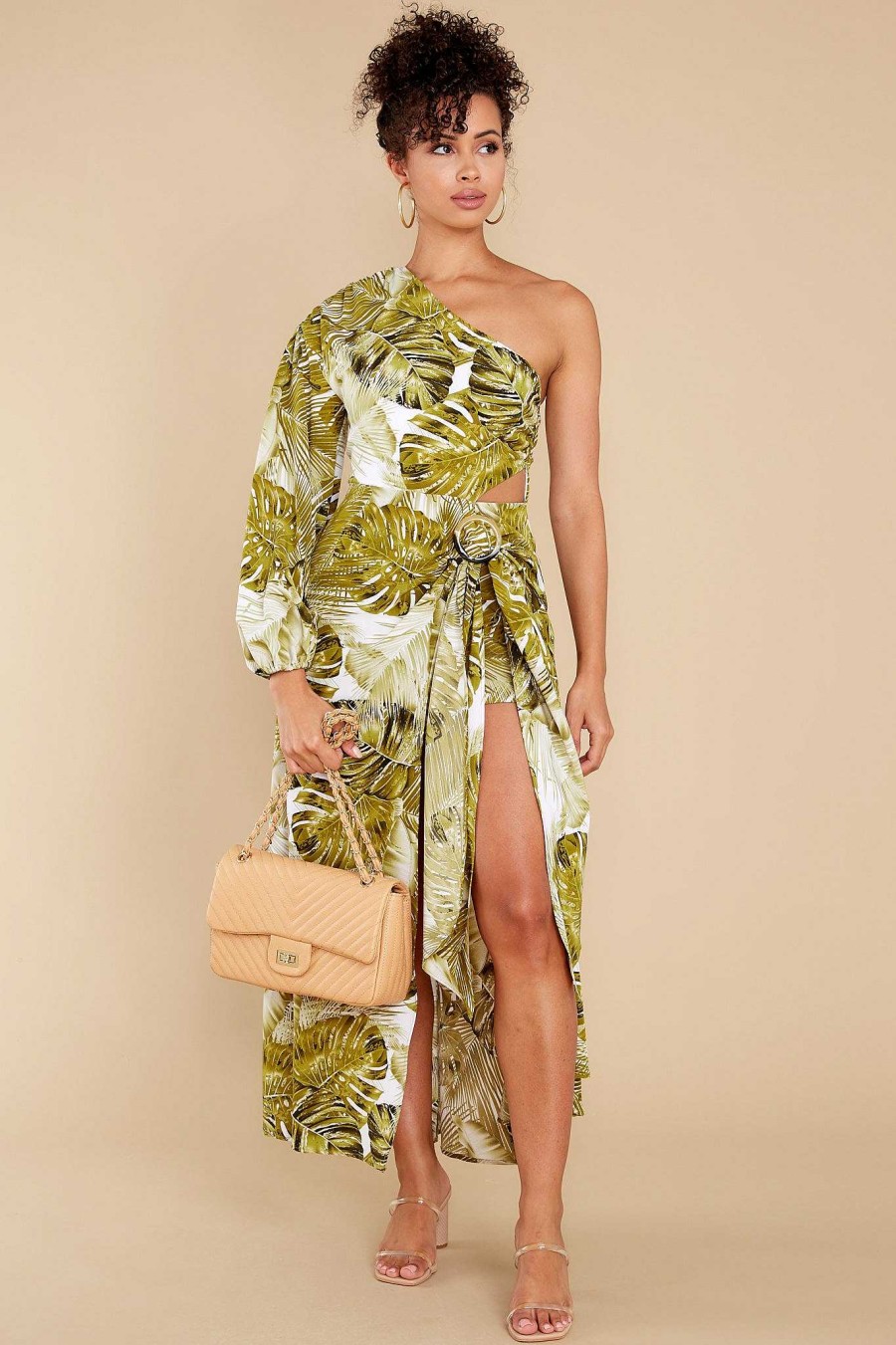 Clothing Red Dress Rompers | Tropical Getaway Palm Print Romper Green
