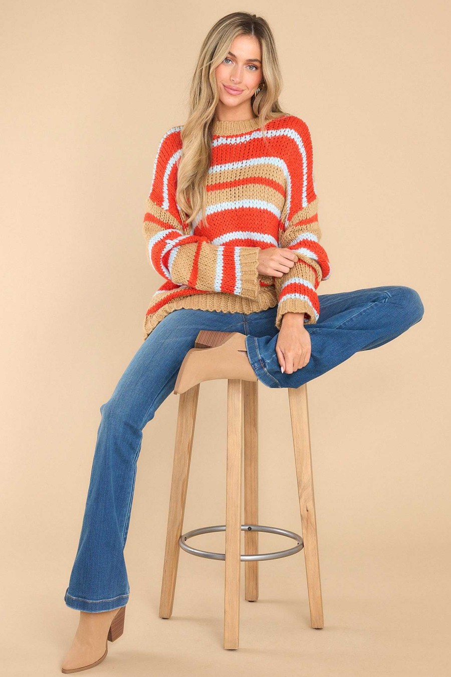 Clothing Red Dress Casual Tops | Good Pep Talk Multi Stripe Sweater Tan