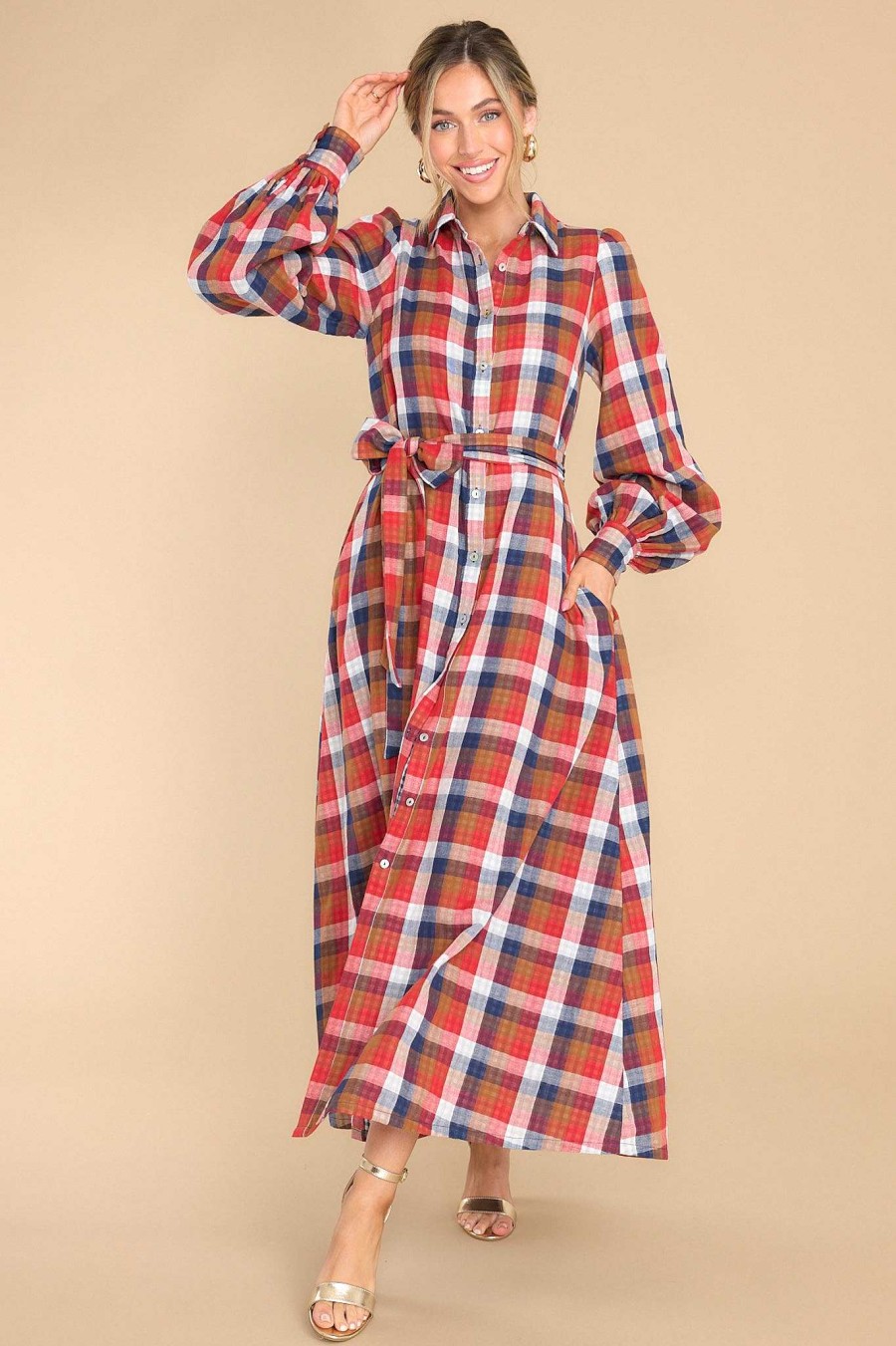 Clothing Aura Maxi Dresses | Closing That Door Multi Plaid Maxi Dress Red