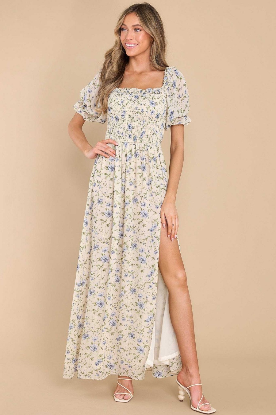 Clothing Red Dress Maxi Dresses | Garden Path Floral Print Maxi Dress Ivory