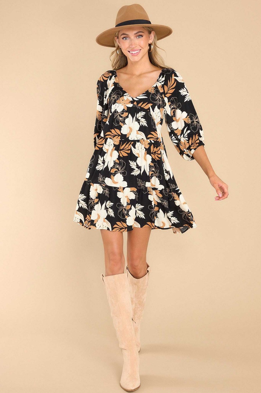 Clothing Red Dress Mini Dresses | Your Own Path Floral Print Dress Black