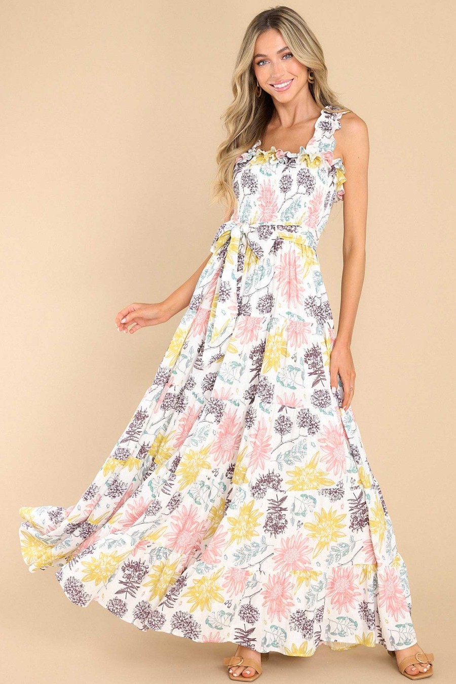 Clothing Aura Maxi Dresses | Inner Chaos Floral Print Maxi Dress Ivory