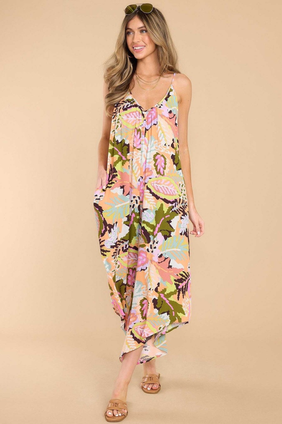 Clothing Red Dress Jumpsuits | Practicing Love Tropical Print Jumpsuit Apricot