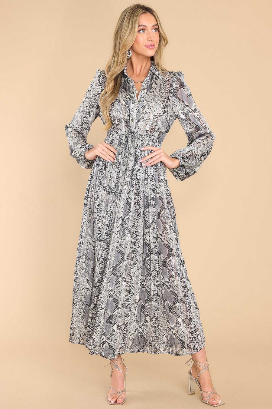 Clothing Red Dress Maxi Dresses | Behind My Back Snake Skin Print Maxi Dress Grey