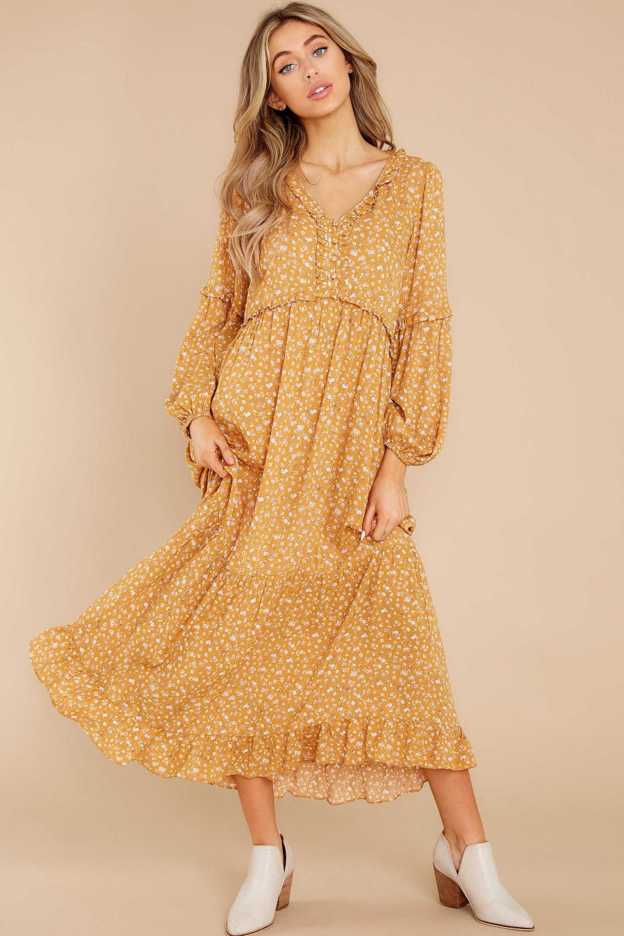Clothing Red Dress Maxi Dresses | Open To Suggestions Goldenrod Floral Print Maxi Dress Yellow