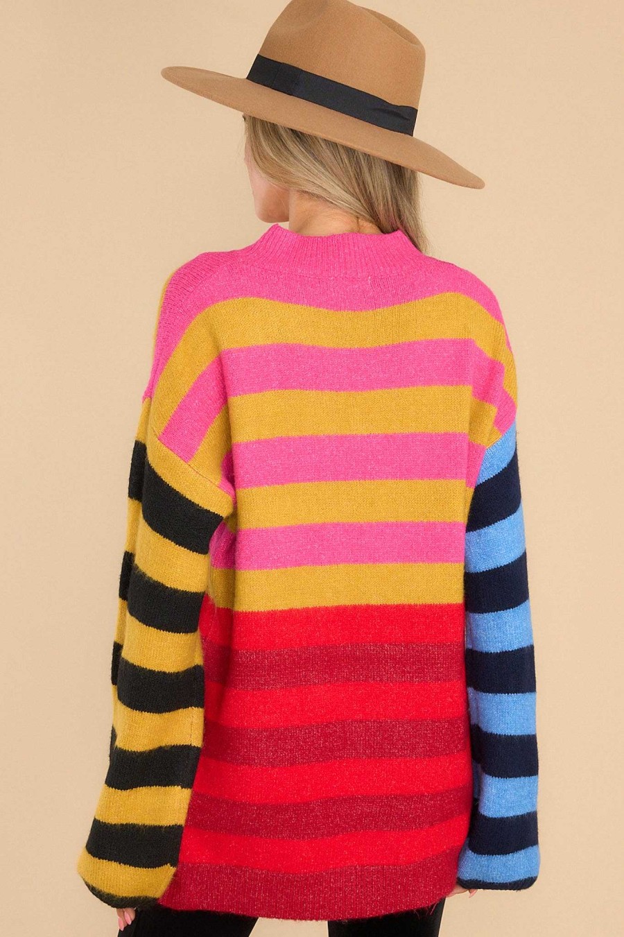 Clothing Red Dress Casual Tops | Give It Up Multi Stripe Sweater Red