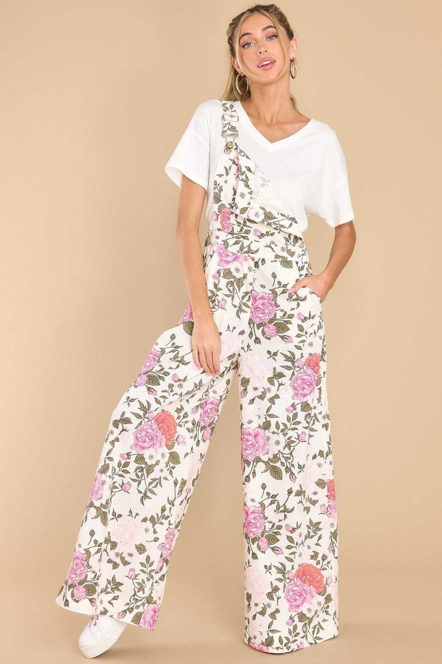 Clothing Aura Overalls | Real Cool Floral Overalls Ivory