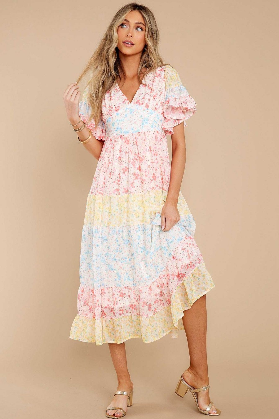 Clothing Aura Maxi Dresses | Use Your Imagination Multi Floral Print Midi Dress Pink