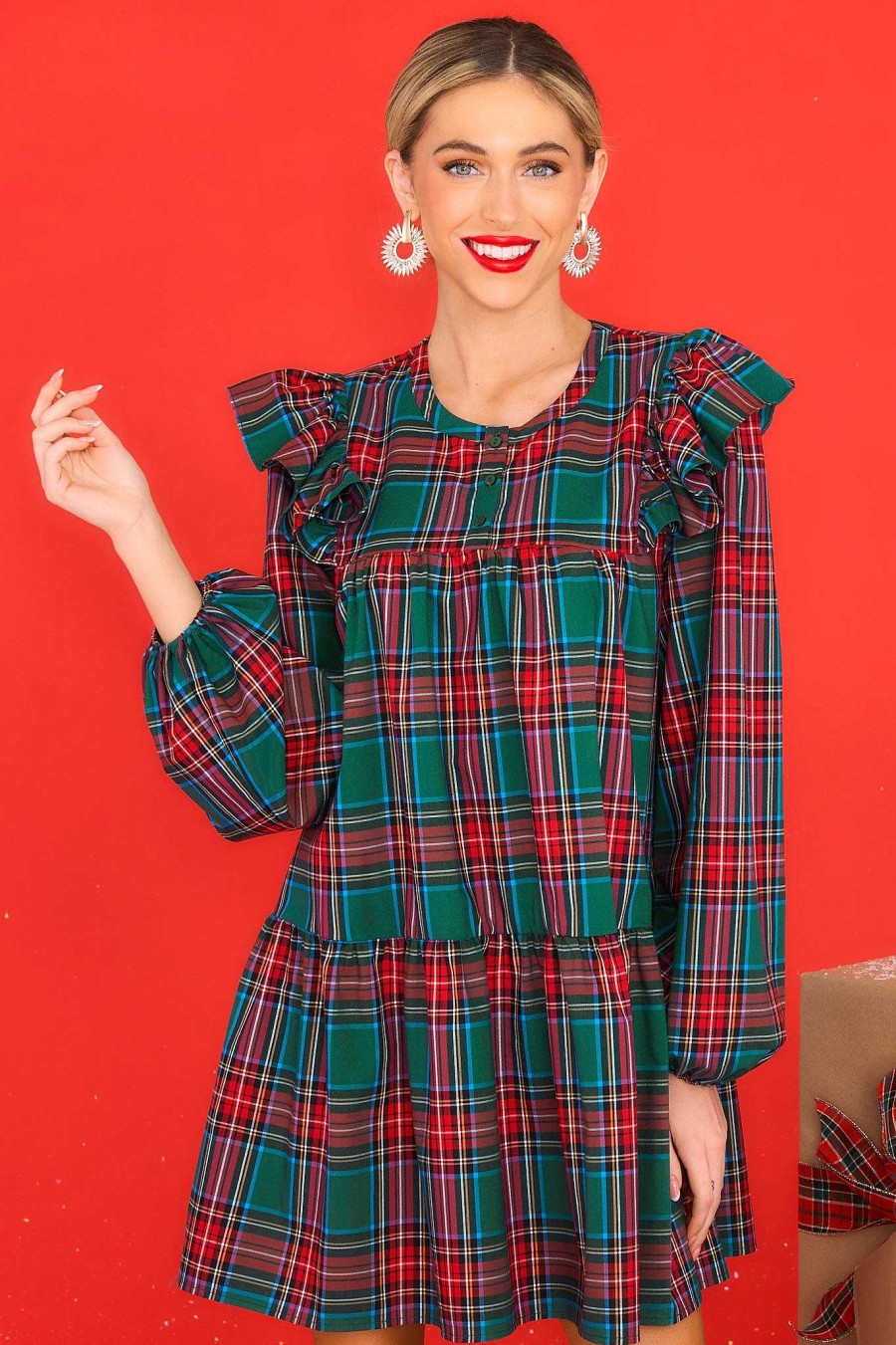 Clothing Aura Mini Dresses | Yuletide Elegance Plaid Dress Green