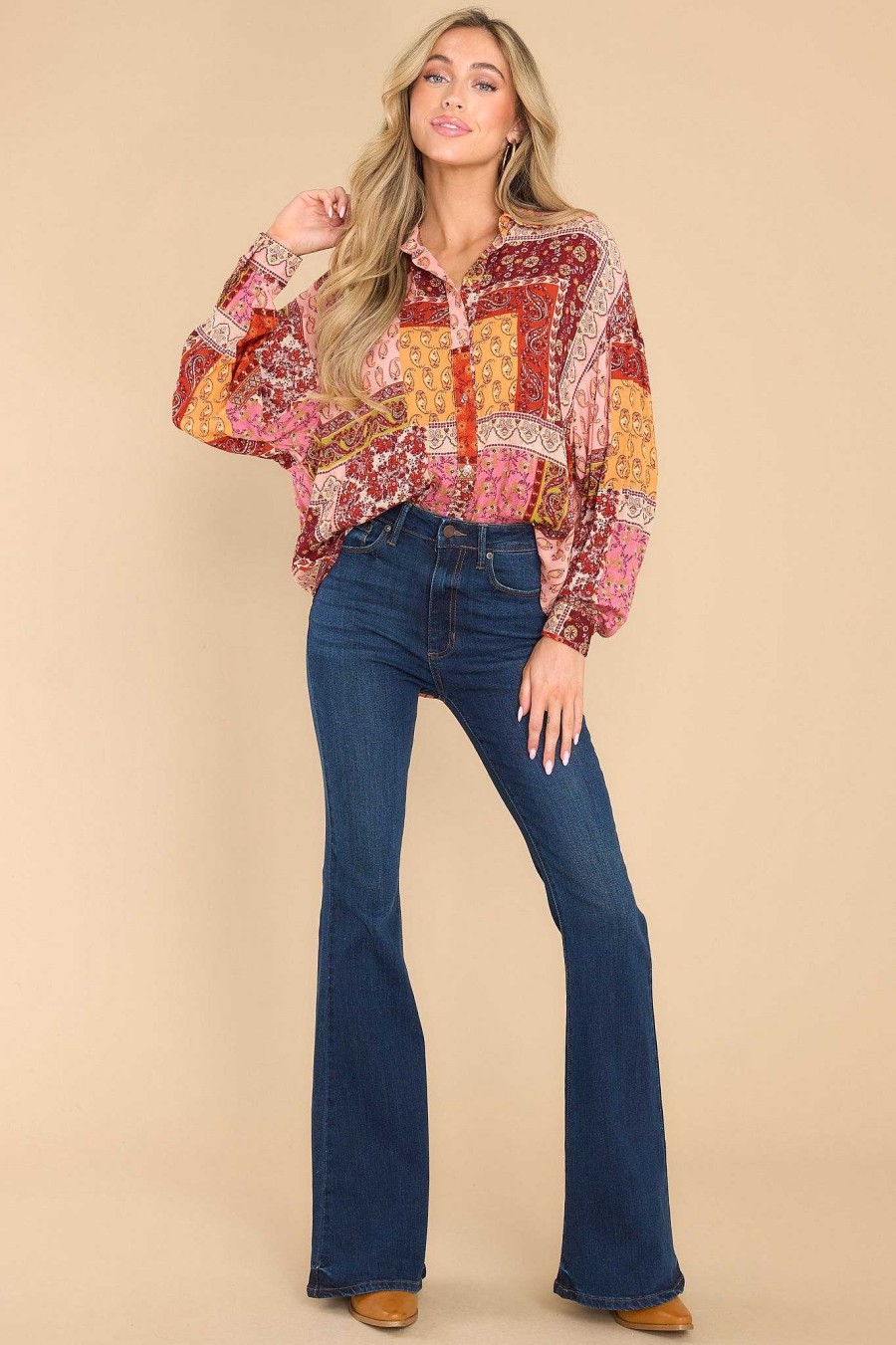 Clothing Aura Blouses & Shirts | Escaping Reality Multi Patchwork Print Top Rust