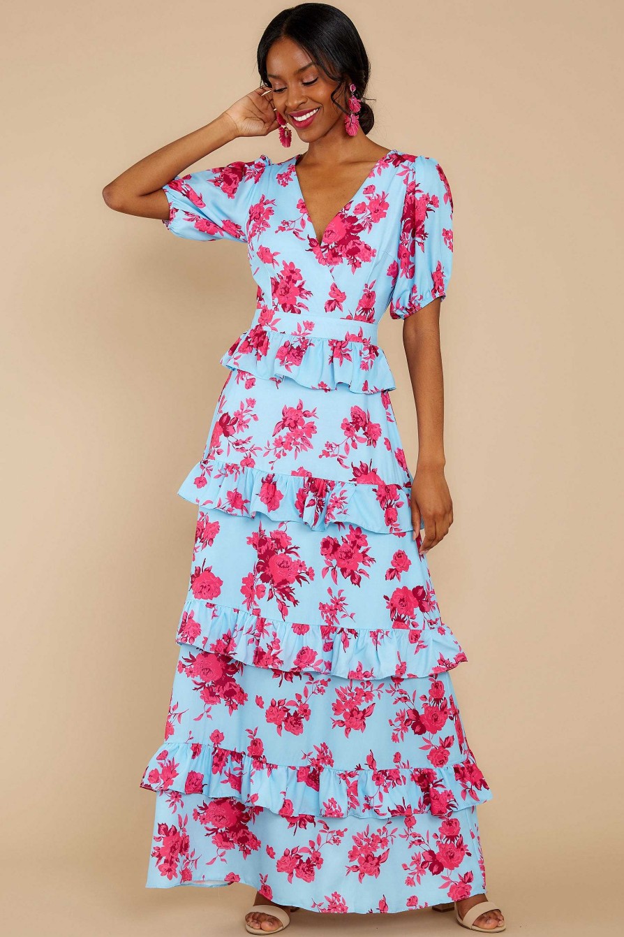 Clothing Red Dress Maxi Dresses | Confession Of Love Floral Print Maxi Dress Light Blue