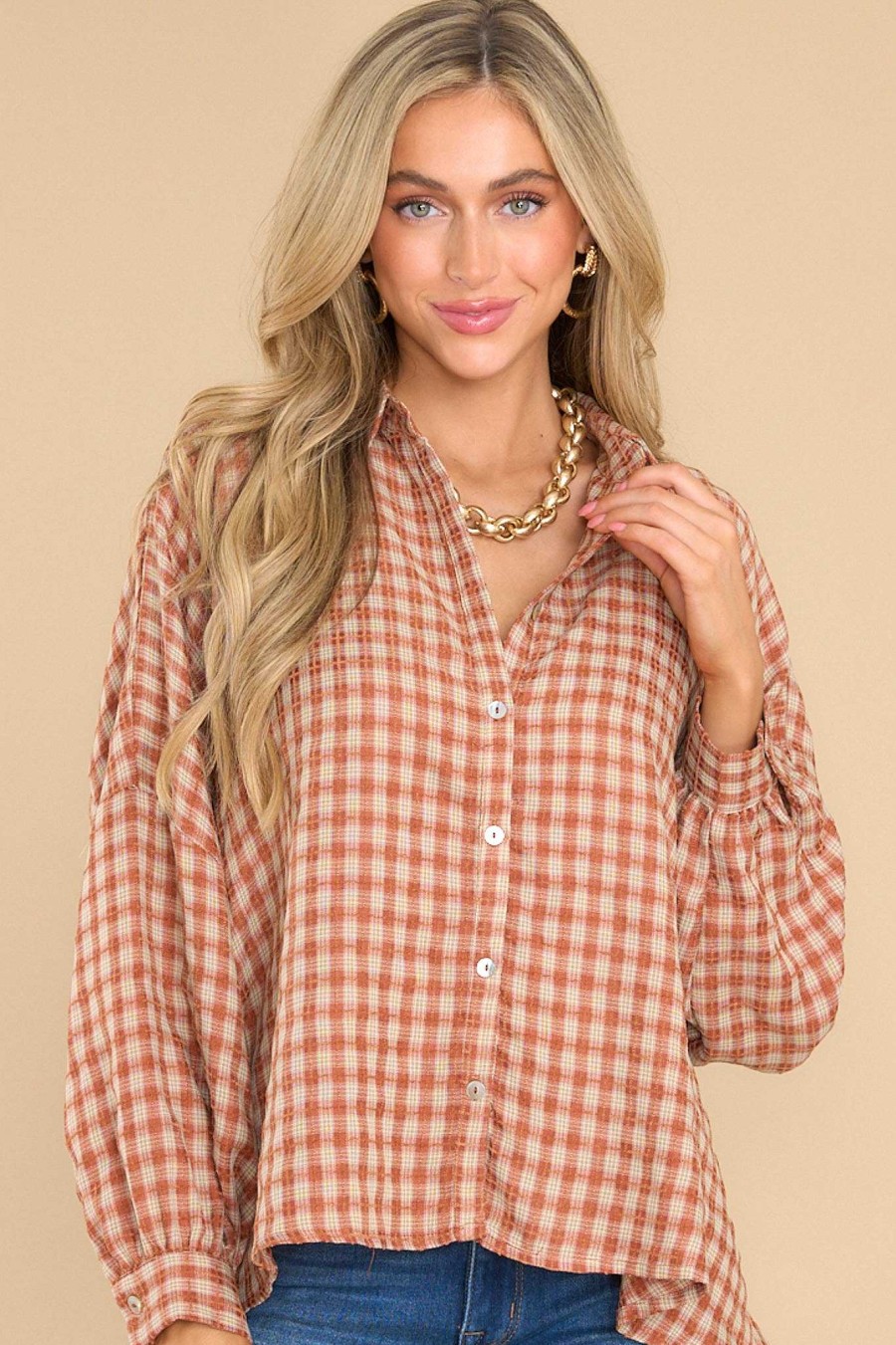 Clothing Aura Casual Tops | Keep Showing Up Plaid Top Brown