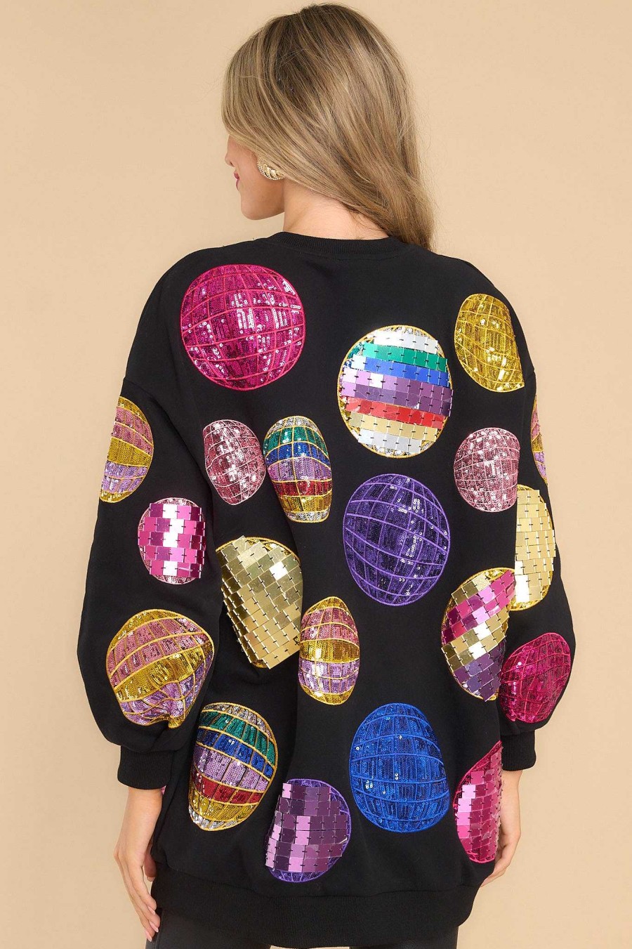 Clothing Queen of Sparkles Mini Dresses | Multi Disco Ball Sweatshirt Dress Black