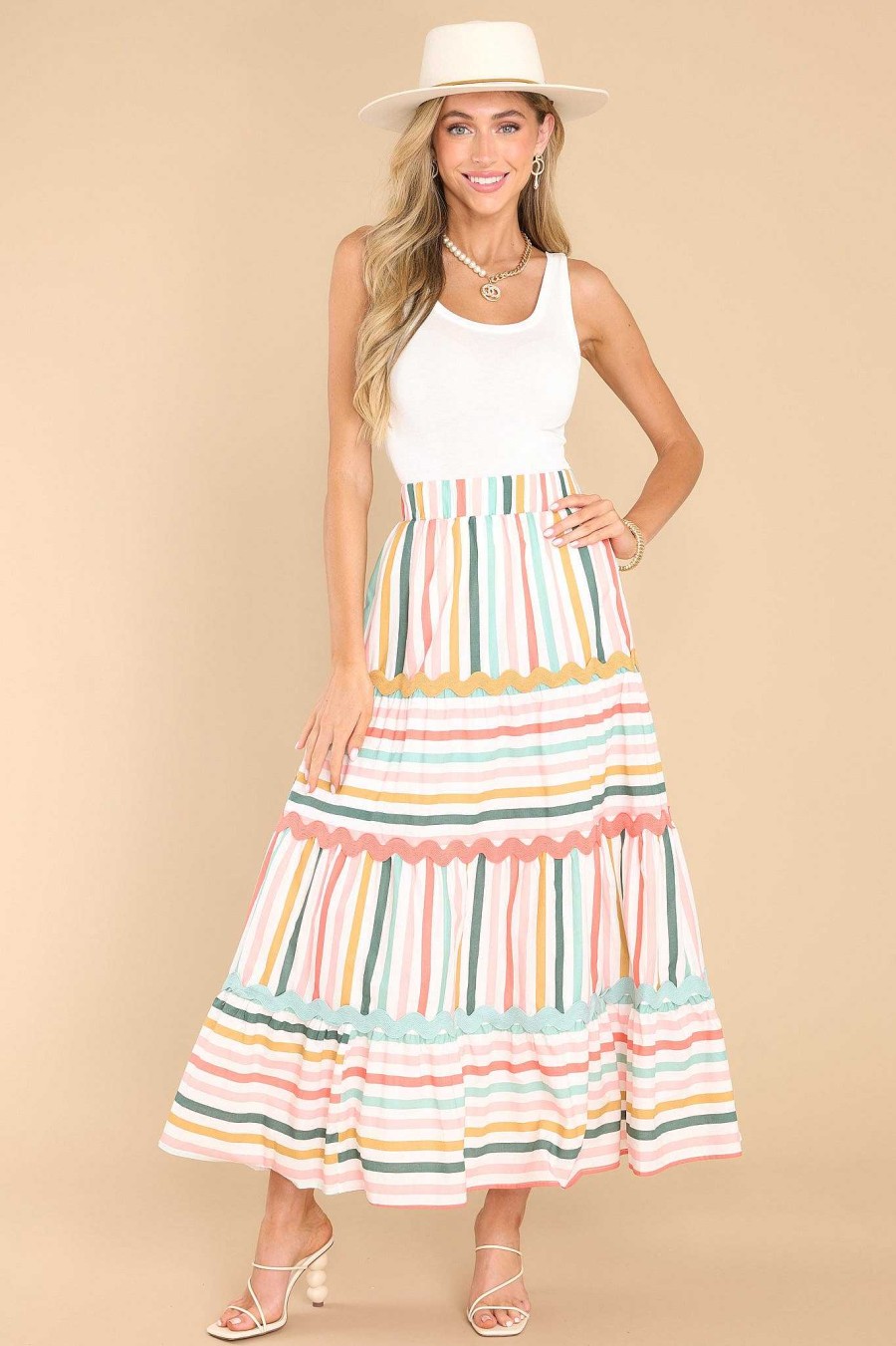 Clothing Aura Skirts | Meet Me For Tea Multi Stripe Maxi Skirt Desert Sage