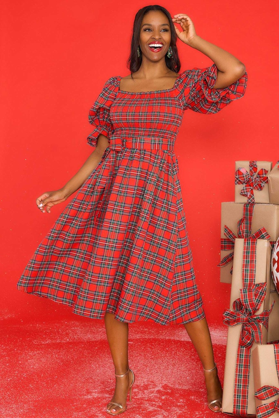 Clothing Aura Midi Dresses | Wishful Wonderland Plaid Midi Dress Red