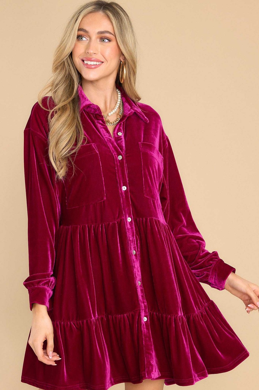 Clothing Aura Mini Dresses | Flaming Embers Faux Velvet Dress Berry