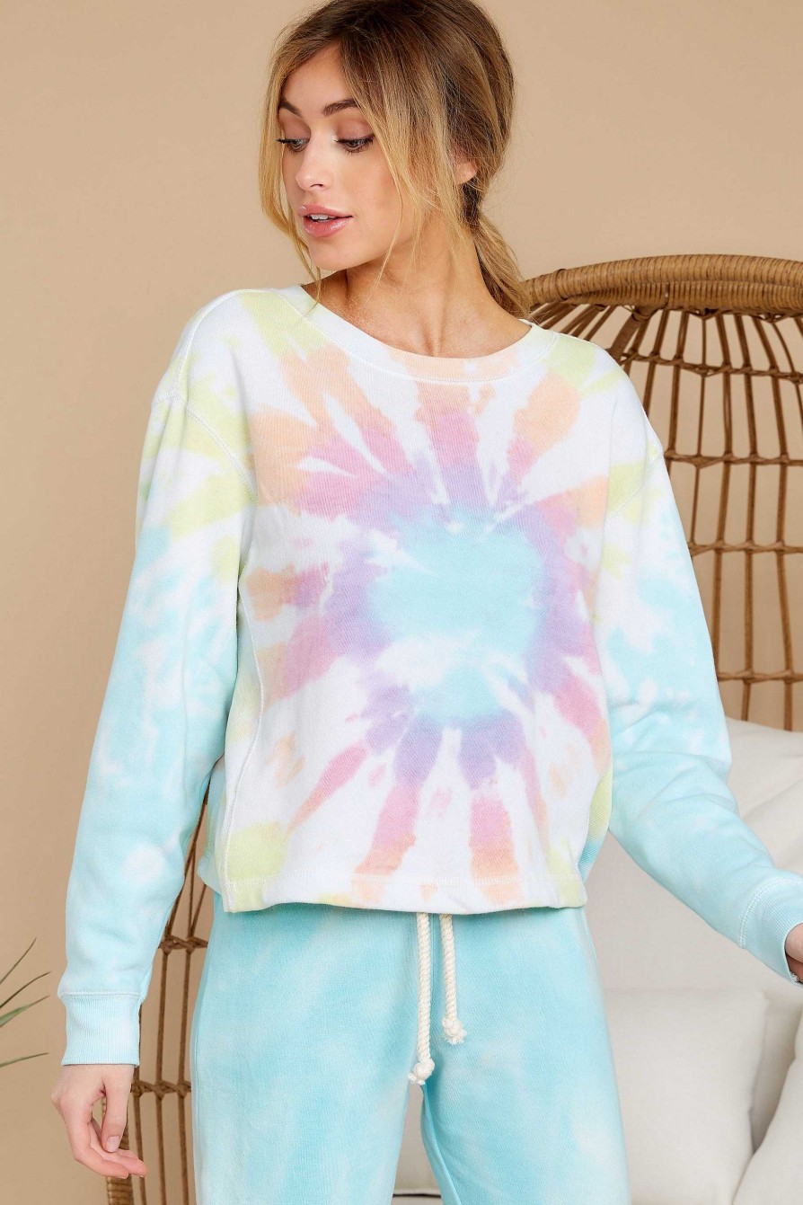 Clothing Red Dress Sweatshirts & Hoodies | Surprise Me Turquoise Multi Tie Dye Crop Sweatshirt Turquoisemulti Tiedye