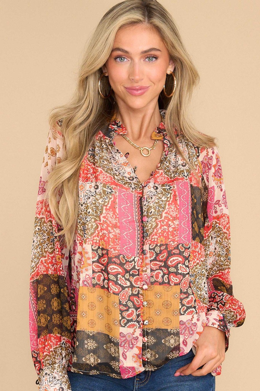Clothing Red Dress Blouses & Shirts | And She'S Off Patchwork Top Rust