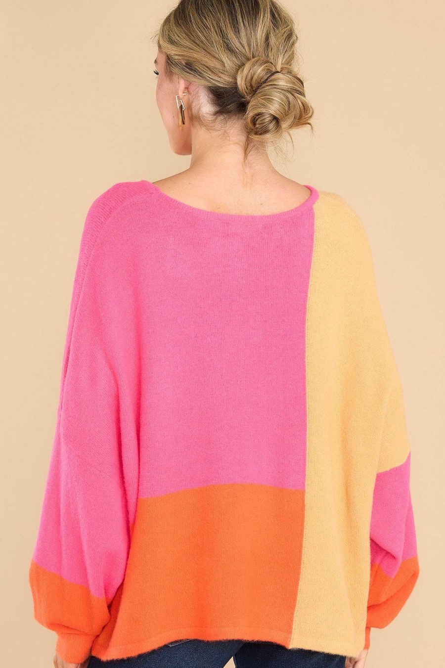 Clothing Red Dress Casual Tops | Gorgeous Ambition Pink Colorblock Sweater Orange