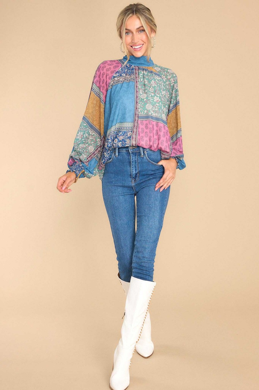 Clothing Aura Blouses & Shirts | Captivating Heart Patchwork Print Top Dusty Blue