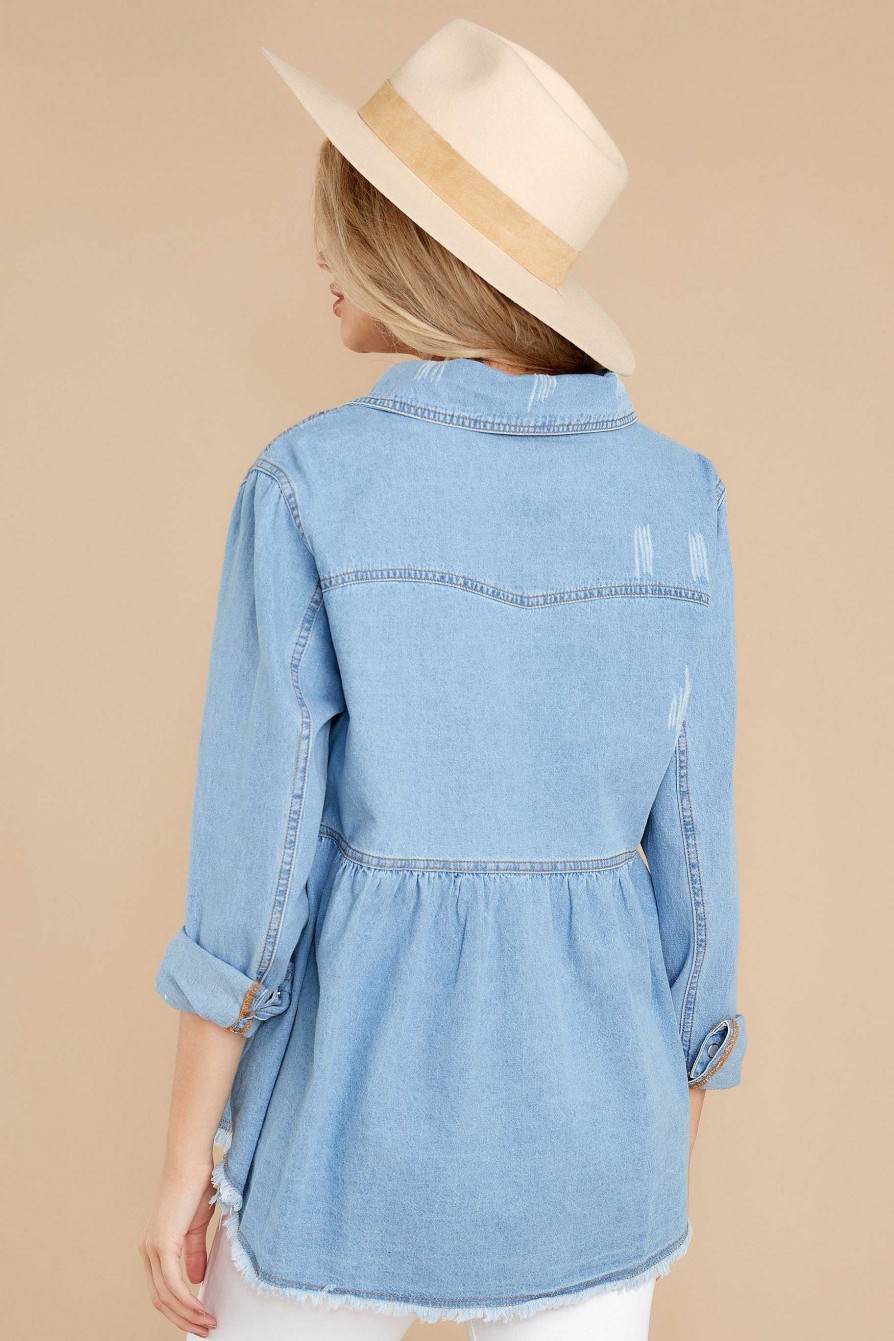 Clothing Red Dress Blouses & Shirts | Off The Edge Distressed Chambray Top Light Wash