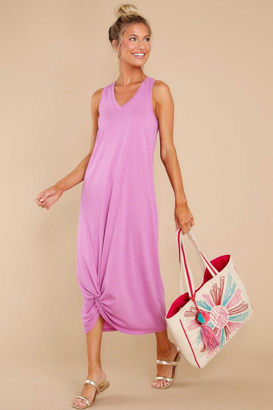 Clothing Z Supply Midi Dresses | Reverie Wild Dahlia Knot Triblend Dress Lilac Pink