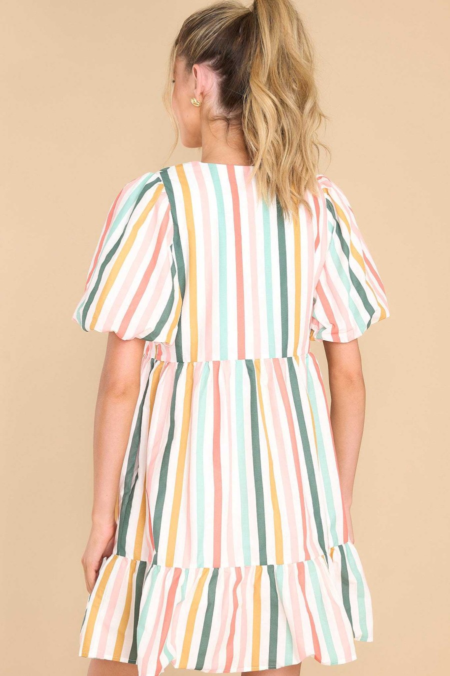 Clothing Aura Mini Dresses | Too Fun For You Multi Stripe Dress Desert Sage