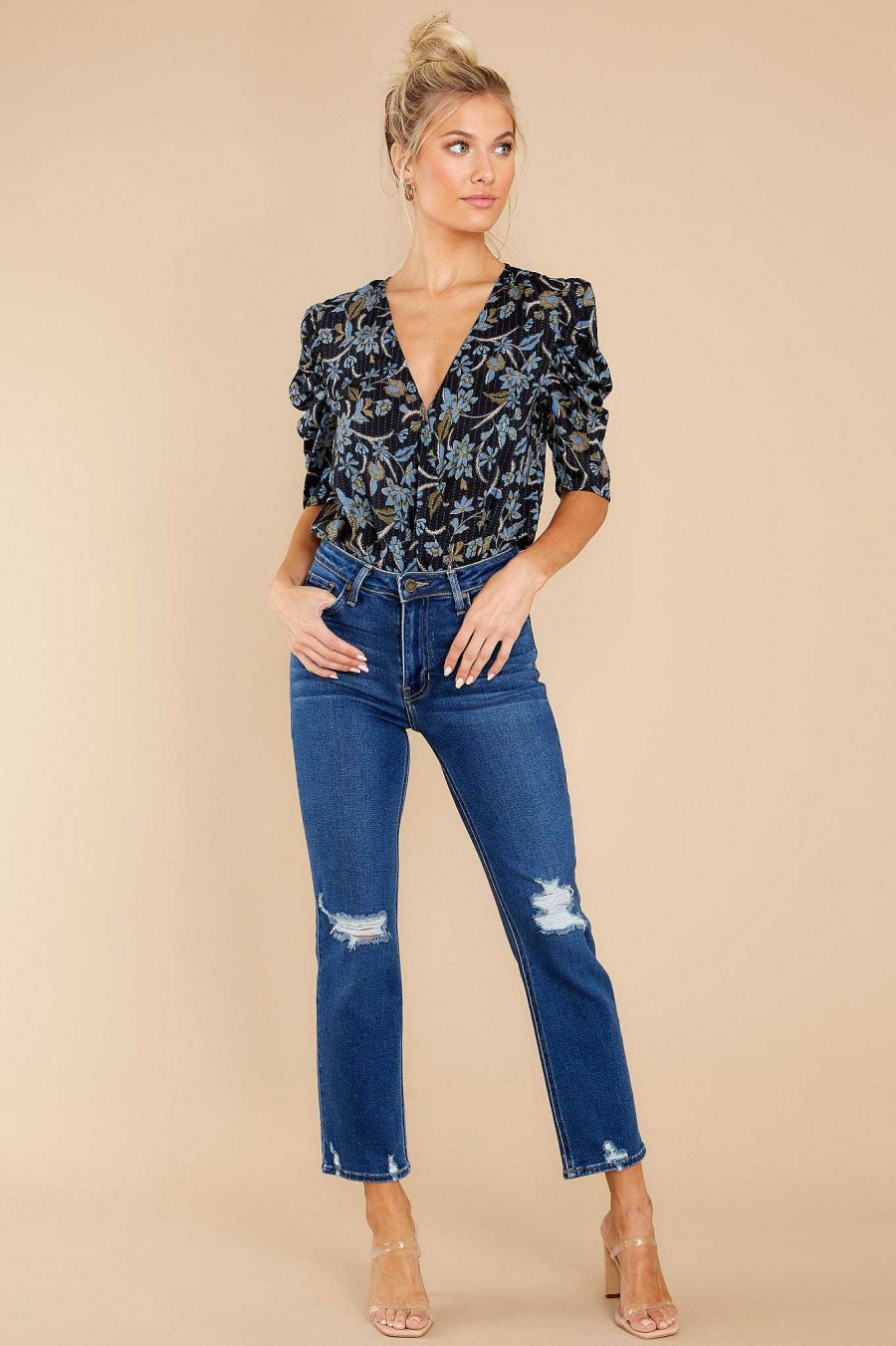 Clothing Red Dress Bodysuits | Chateau Gardens Floral Print Bodysuit Navy