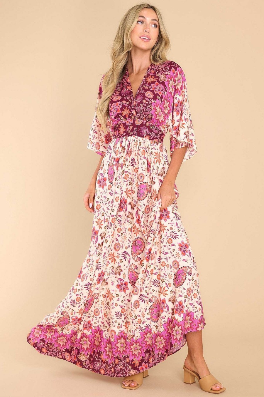 Clothing Red Dress Maxi Dresses | Charming Breeze Print Maxi Dress Burgundy