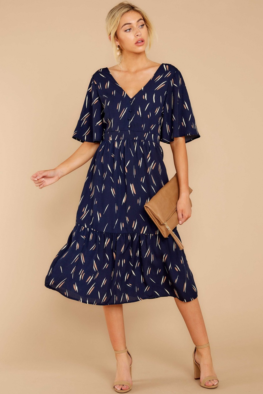 Clothing Very J Midi Dresses | Paint The Hills Blue Print Midi Dress Navy