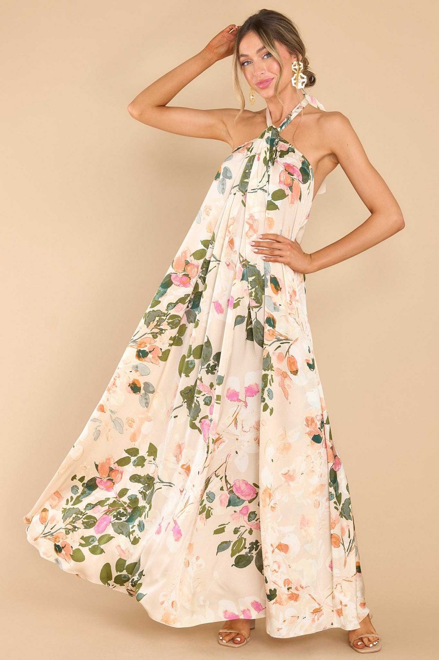 Clothing Red Dress Maxi Dresses | Dainty Love Floral Print Maxi Dress Tan