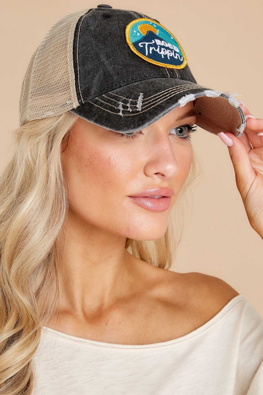Accessories Red Dress Hats | Starlit Road Trip Distressed Cap Black