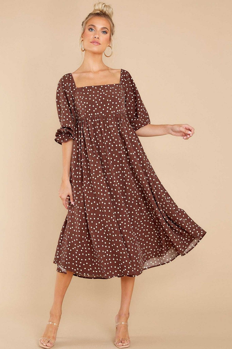 Clothing Red Dress Midi Dresses | Smart And Polished Mocha Polka Dot Midi Dress Brown
