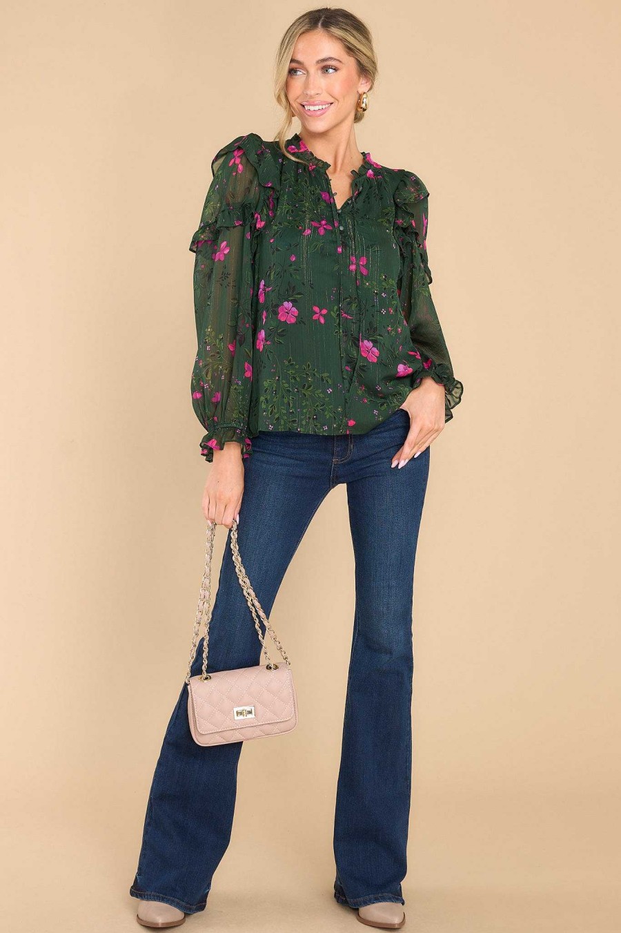 Clothing Red Dress Blouses & Shirts | Watch Her Bloom Floral Top Forest Green