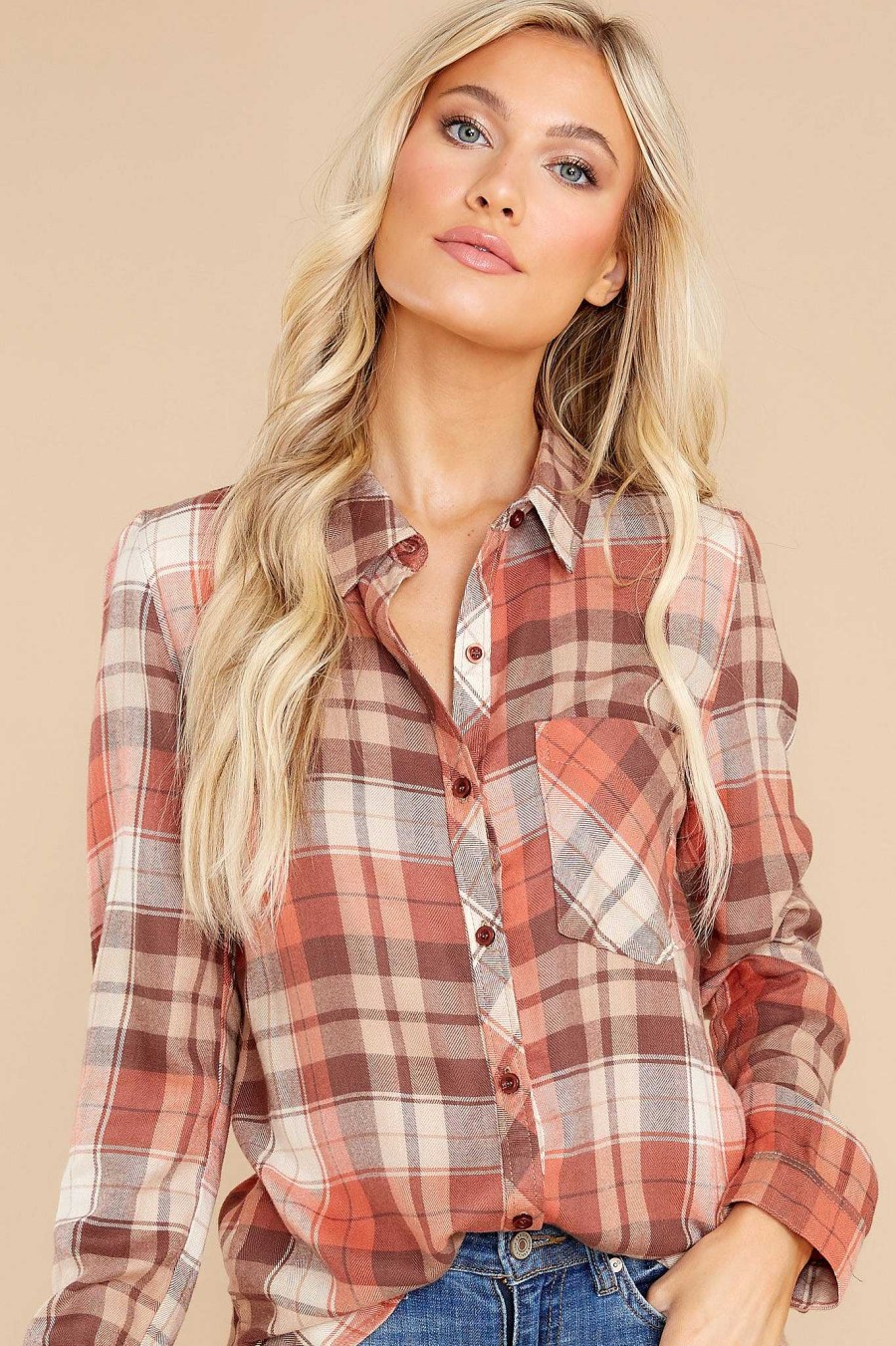 Clothing Red Dress Blouses & Shirts | Joyful Laughter Multi Plaid Top Brown
