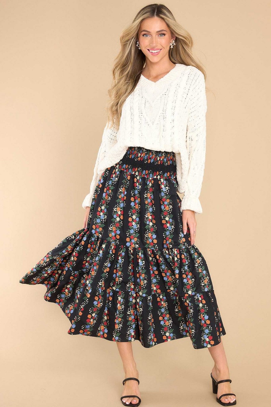 Clothing Olivia James The Label Midi Dresses | Izzy Alpine Stripe Floral Skirt Dress Black