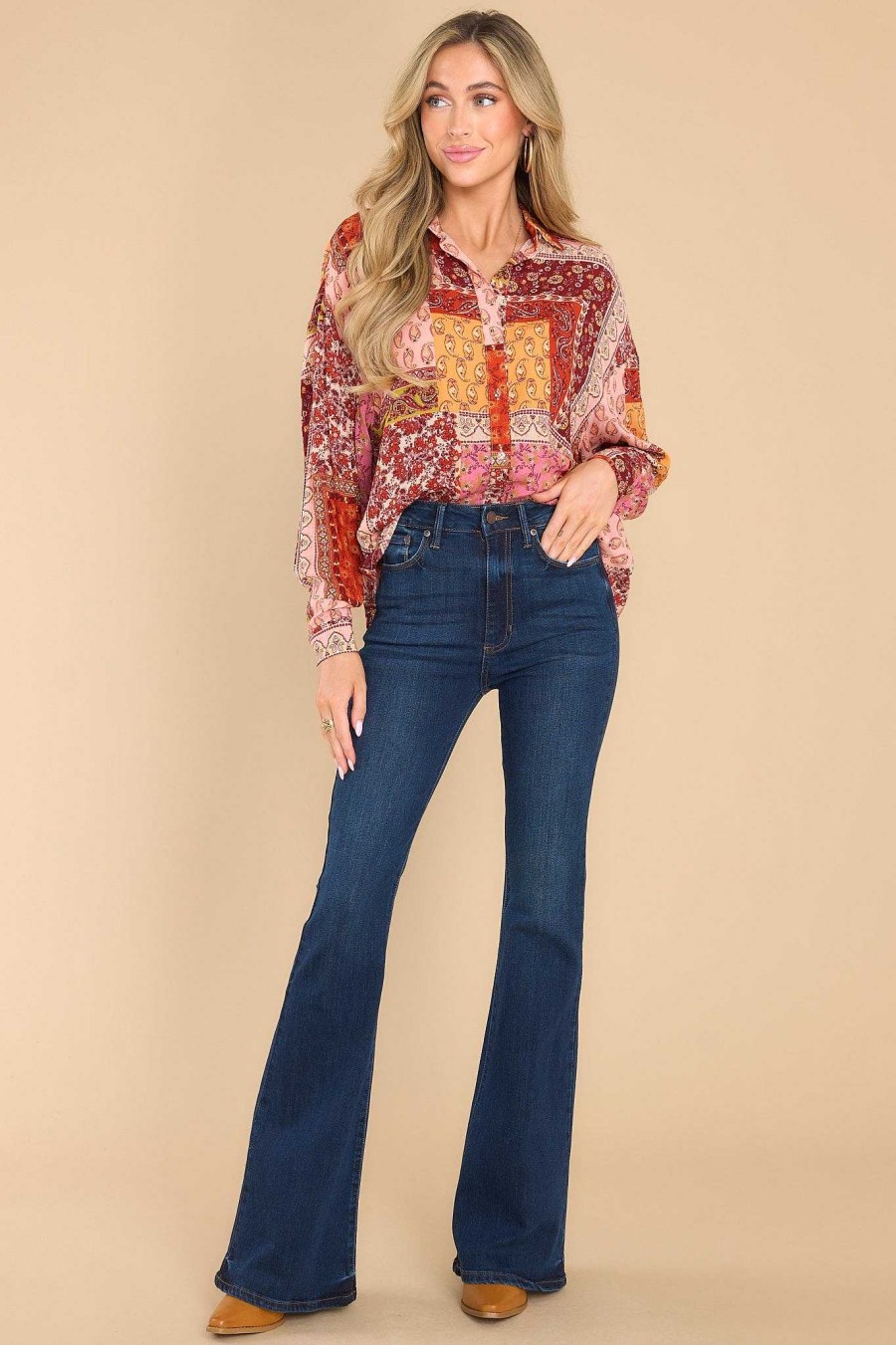 Clothing Aura Blouses & Shirts | Escaping Reality Multi Patchwork Print Top Rust