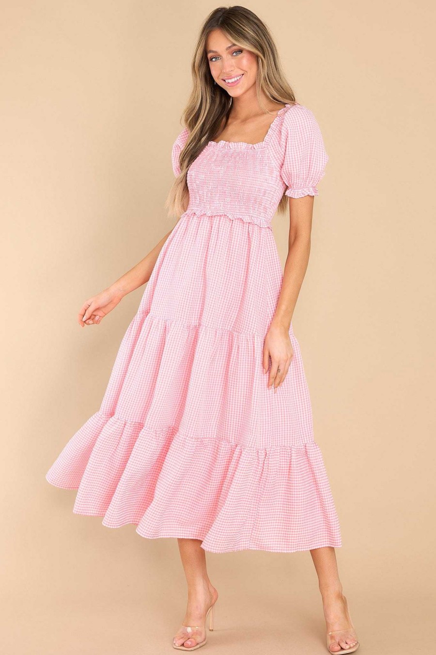 Clothing Aura Midi Dresses | Acts Of Kindness Gingham Midi Dress Coral Pink