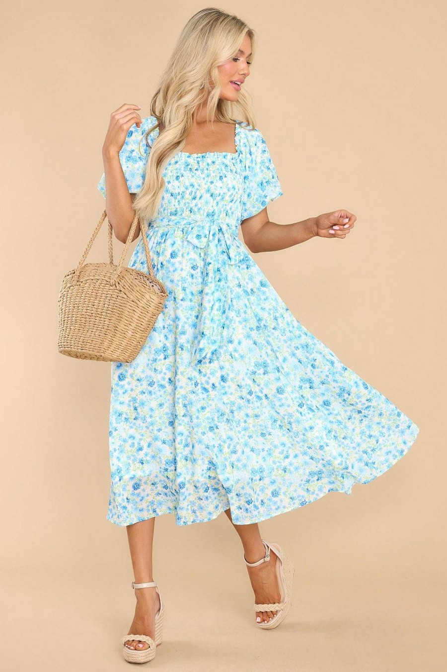 Clothing Aura Midi Dresses | Grow Freely Blue Floral Print Midi Dress Light Blue