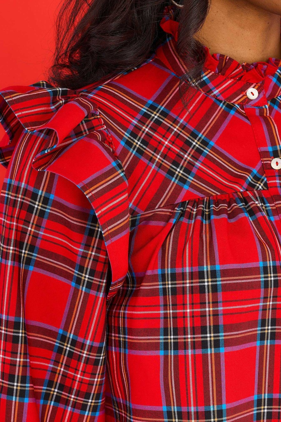 Clothing Aura Blouses & Shirts | Sled You Go Plaid Shirt Red