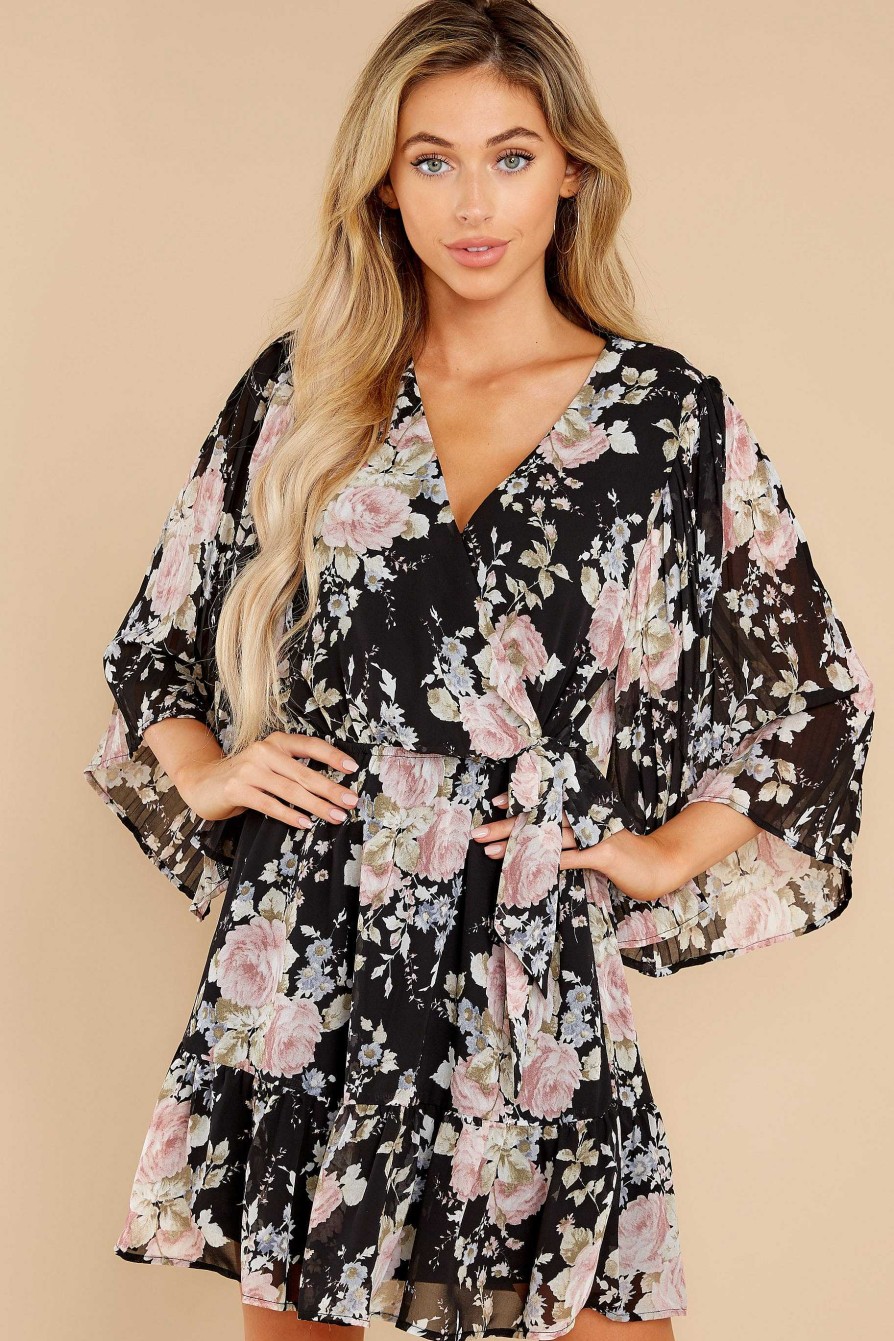 Clothing Red Dress Long Sleeve Dresses | Insta Hearts Floral Print Dress Black