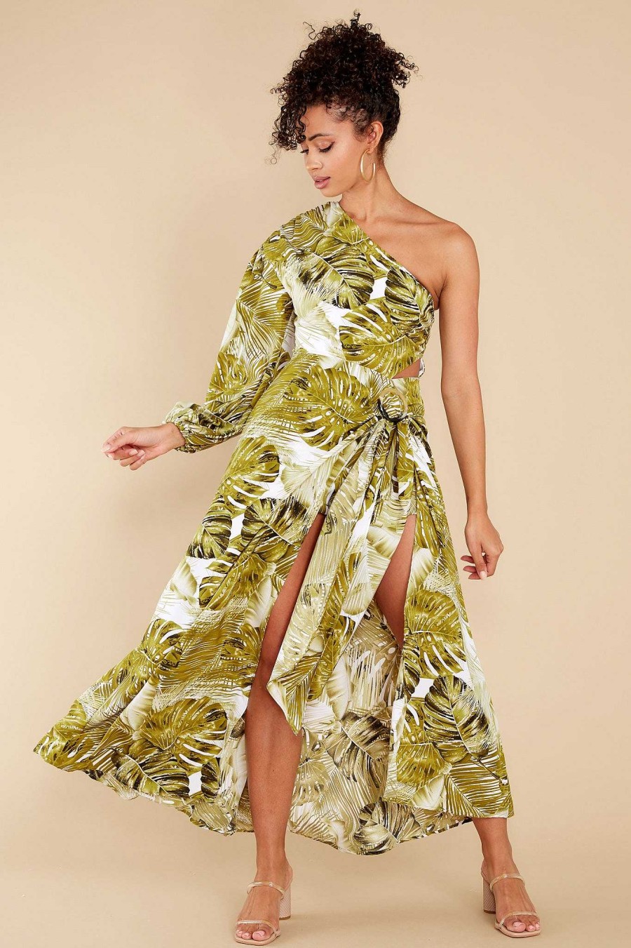 Clothing Red Dress Rompers | Tropical Getaway Palm Print Romper Green