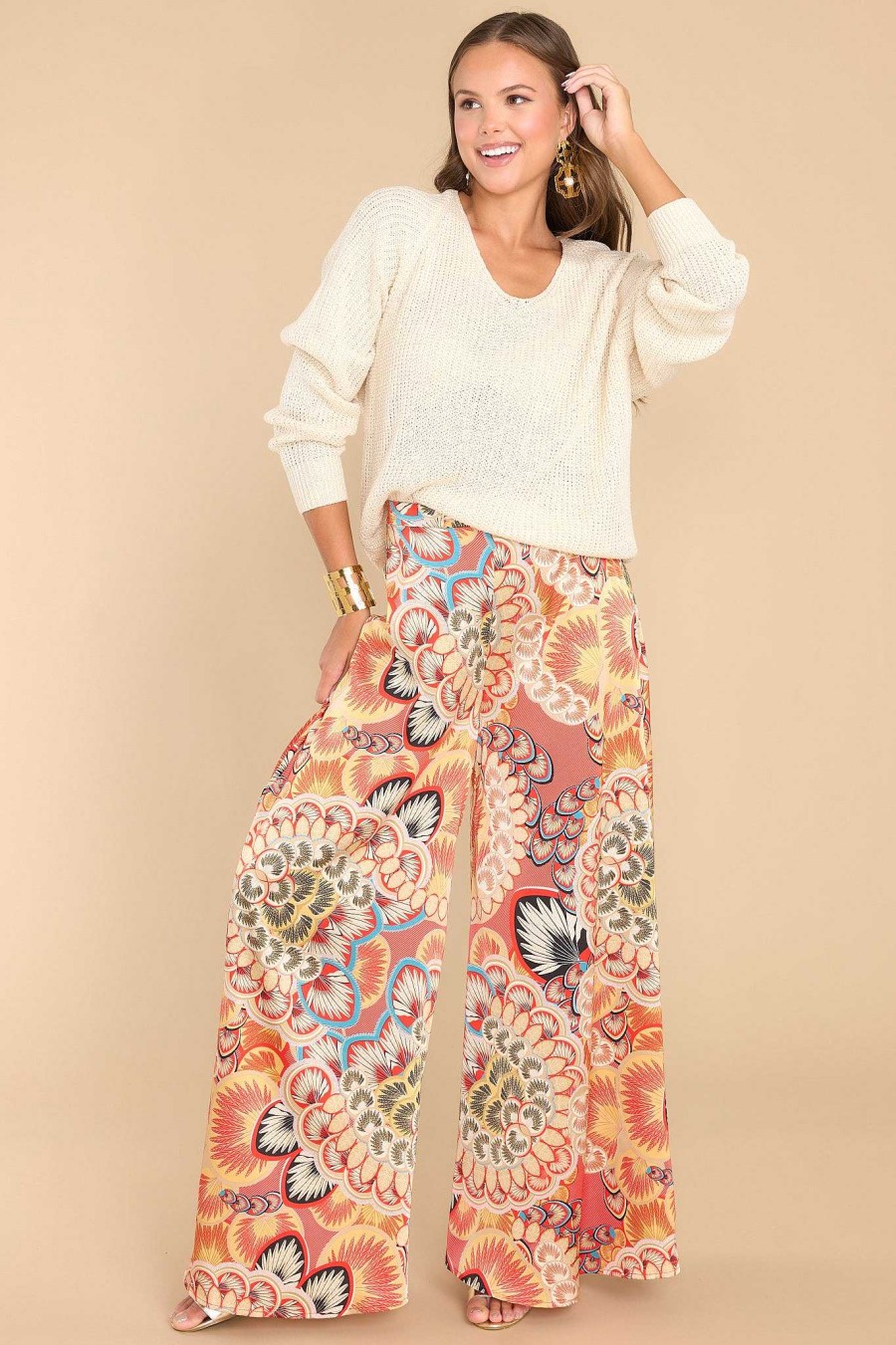 Clothing Red Dress Pants | All For Me Multi Print Pants Spiced Coral