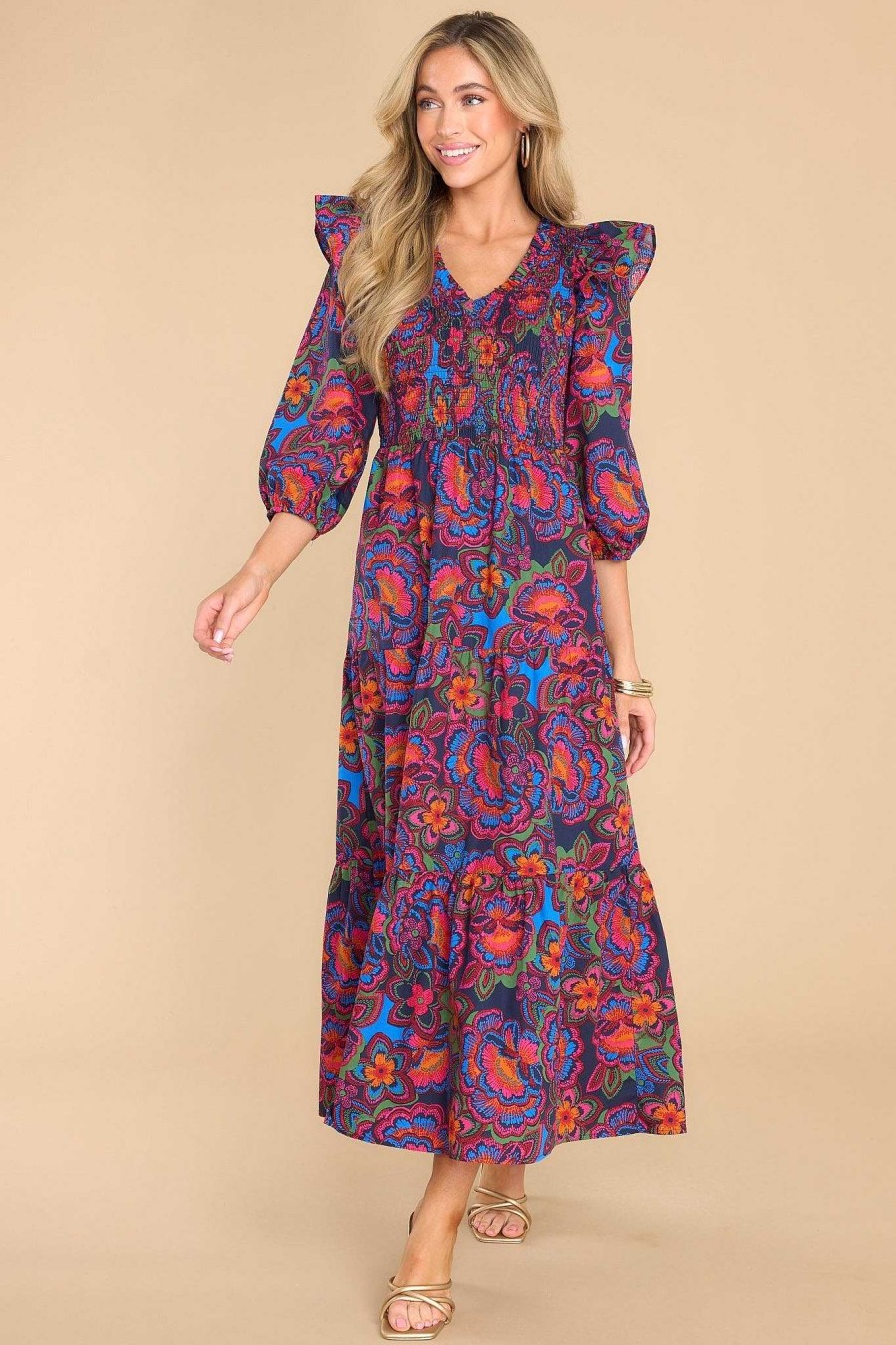 Clothing Red Dress Midi Dresses | Things Change Floral Midi Dress Navy